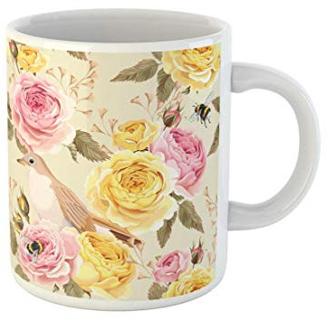 Awowee Coffee Mug Pink Flower English Roses and Birds Yellow Botanical Bee 11 Oz Ceramic Tea Cup Mugs Souvenir for Family Friends Coworkers
