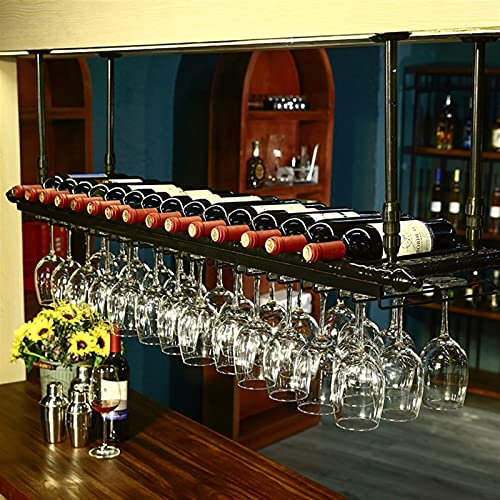 MDELRuldeⓘ Adjustable Height Hanging Wine Glass Holder/Wine Rack Ceiling Wine Racks/Vintage Wine Bottle Holder/Rustic Wall Mounted Wine Holder/Stemware Holder (Color : Black)