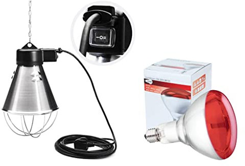 Lampada riscaldamento cuccioli a raggi infrarossi 250W | Switch Risparmio Energetico | Lampada riscaldante per pulcini | con Griglia e Catenella