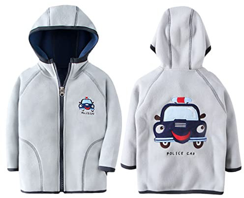 ANIMQUE Bambini Pile Polare Giacca con Cappuccio Bambino Piccolo Felpa Caldo Cappotto Casual con Cerniera Stagioni di Transizione Primavera Autunno Inverno, Motivo Macchina Polizia Grigia 120