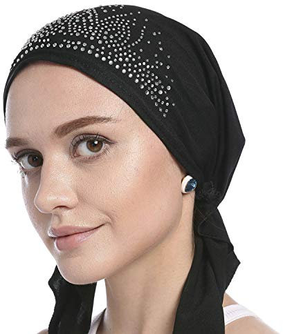 AfinderDE Damen Frauen Baumwolle Bandana Turban Cap Hijab Kopftuch Muslimische Bonnet Kopfbedeckung Halstuch Atmungsaktiv UV Schutz Pirat Mütze Bunter Diamant Indische Hüte Kappe, Schwarz, L