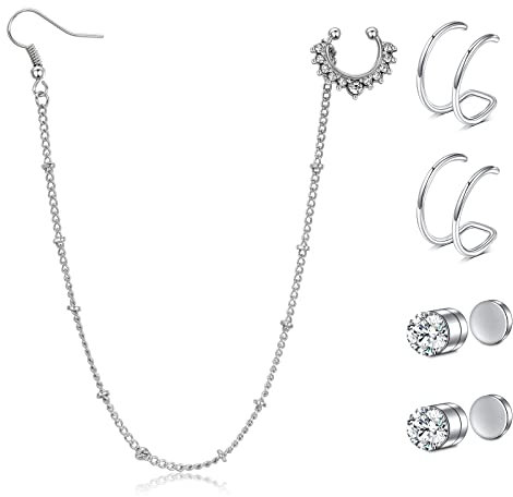 LAURITAMI Fake Nasenring Nasenpiercing Faux Septum Kette Halloween Diamant Stecker Edelstahl Fake Ohr Helix Cartilage Piercing