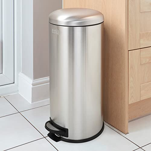BLACK+DECKER 30 Litre Dome Kitchen Indoor Rubbish and Waste Pedal Bin with Soft Close Lid/Steel (Stainless Steel)