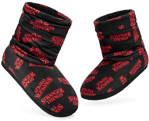 Stranger Things Winter Hausschuhe Damen - Rutschfester, Reißverschluss, Größe 34-41- Flauschige Bootie Hausschuhe (Schwarz/Rot, 36-37 EU)