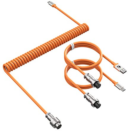 ATTACK SHARK Custom C04 2-in-1 Coiled USB-C Cable, USB-A to Type-C With 5 Pin Detachable Metal Aviation Plug, Double Sleeve Spiral Extendable TPU Cable for PC/Keyboard/Mouse/Phone - Orange