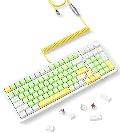 AJAZZ 96% Hot-swappable Gasket Mechanical Gaming Keyboard with Custom Coiled USB C Cable, Triple Mode 2.4G/BT5.1/ Wired 99Keys with Knob, 4000 mAh,White Backlit with PBT Keycaps (Green- Red Switch)