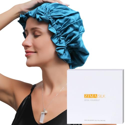 ZIMASILK 100% Mulberry Silk Bonnet for Women Hair Care, Double-Layer Silk Shower Cap, Natural Hair Wrap for Sleeping with Elastic Stay On Head (1Pc, Peacock Blue)
