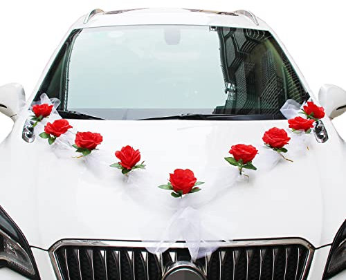 Autoschmuck Hochzeit Braut Paar Rosen Deko,Auto Blumenschmuck Hochzeitsschmuck Hochzeitsauto Deko Dekoration Auto Schmuck Car Wedding Girlande Autodeko Hochzeitsdeko für Hochzeit Party,Rot+Weiß