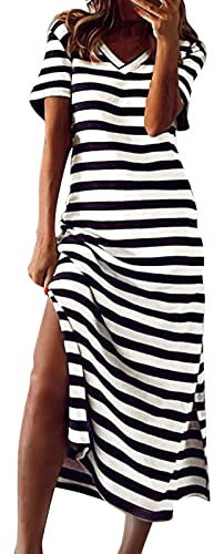 Women Summer Loose Fitting T-Shirt Beach Sun Dress Casual Short Sleeve Striped High Waist Side Slit Maxi Dresses(White,Medium)