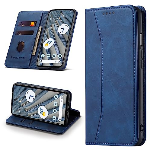 Leaisan Handyhülle für Google Pixel 7A Hülle Premium Leder Flip Klappbare Stoßfeste Magnetische [Standfunktion] [Kartenfächern] Schutzhülle für Pixel 7A Tasche - Blau