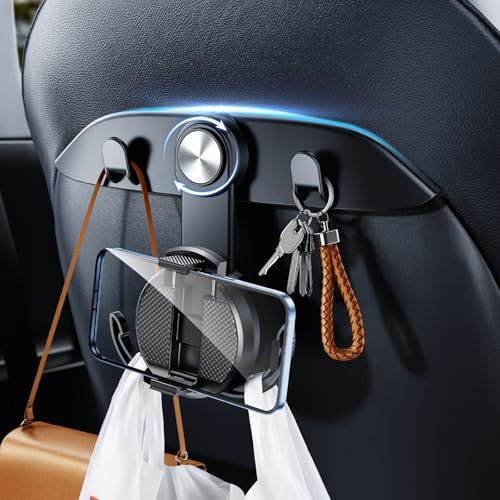 DICMKY 4-in-1 Tesla Hooks & Phone Mount for Model Y, 3, X Accessories, ABS Material, 360° Swivel, Easy Install, 11 lbs Capacity