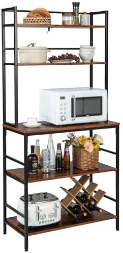 GOPLUS Estantería de pie de 5 niveles, estantería de cocina independiente con estantes y marco de metal, estantería de almacenamiento para cocina, salón y baño, color marrón vintage