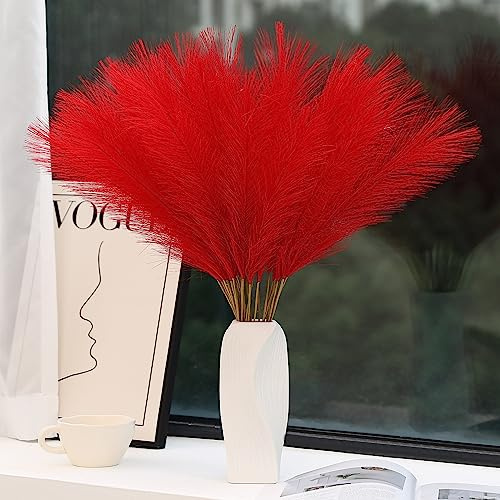 Wertuirk 60 Stück rotes Pampasgras Dekor - 61 cm kurze künstliche Pampasgras Dekor, gefälschte Pompas Blumen für Vasenfüller, Hochzeitsblumenarrangement, Party und Heimdekoration (Rot)