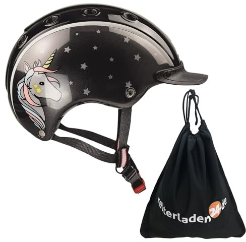 RL24 - Casco Kinder Reithelm Nori Einhorn inkl. Schutzbeutel | Reitkappe für Mädchen & Jungen | Helm zum Reiten, Fahrrad- & Skifahren | Reiterhelm in Schwarz/Grau | Größe S (52-56 cm)