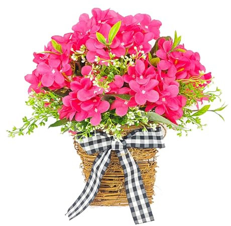 Corona de Geranio Rojo de 15 Pulgadas, Cesta Colgante de Geranio Rojo Artificial, Corona de Cesta Colgante de Puerta de Flores Silvestres, Corona de Cesta de Ratán Colgante de Primavera Y Verano para