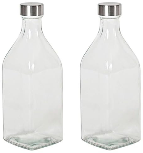 Acan Tradineur - Pack de 2 botellas de vidrio cuadradas con tapón de acero, cierre de rosca, agua, leche, batidos, zumos, licuados de verduras, salsas, frigorífico - 1 litro