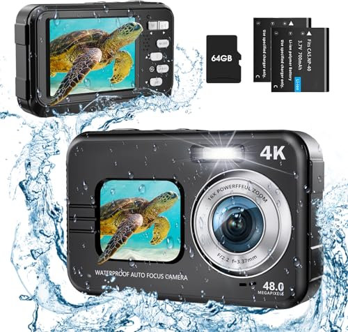 Fotocamera digitale impermeabile 4K 48MP Autofocus fotocamera subacquea con scheda di memoria 64G Selfie Dual Schermo con zoom digitale 16X, fotocamera compatta per bambini/principianti (nero)