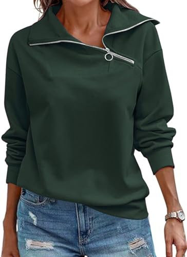 Cuptacc Felpa Donna con Zip High Neck Maniche Lunghe Felpe Pullover Autunno Casual Mezza Zip Maglietta Verde Scuro Donna Verde Scuro, Large L 42-44
