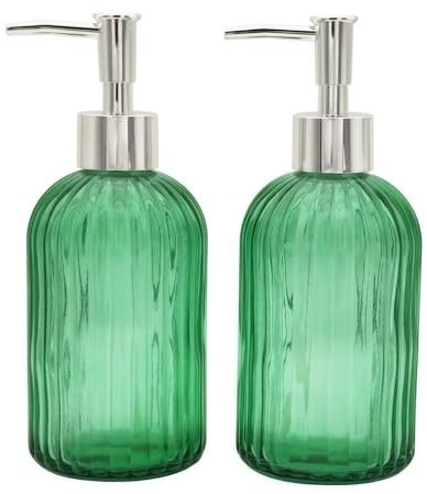 2 Pack Glass Soap Dispenser Bathroom Countertop Shampoo and Conditioner Dispenser Washing Up Liquid Hand Soap Pump Bottle Dispenser Kitchen(2, Green)