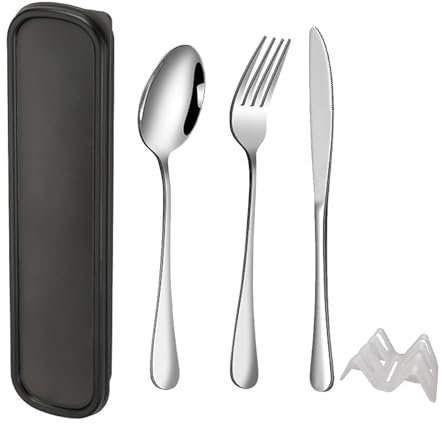 QZLSAYSLSet di Posate Acciaio Inox, 5 Pezzi, Posate da Viaggio in Argento con Cucchiaio Forchetta Coltello, Finitura Lucida Lavabili in Lavastoviglie (Nero profondo)