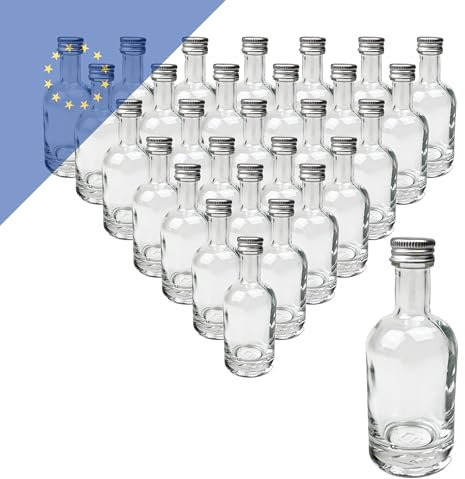 Verpackungsstadl Lot de 24 bouteilles à liqueur PP18 de 50 ml argentées - Petites bouteilles rondes en verre idéales pour les spiritueux, les liqueurs et les cadeaux de mariage