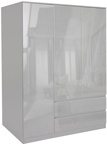 Blisswood High Gloss 3 Door 2 Drawer Wardrobe – MDF Wooden Double Wardrobe with Hanging Rail, Shelves & Large Storage Cupboard for Bedroom Furniture (Grey)