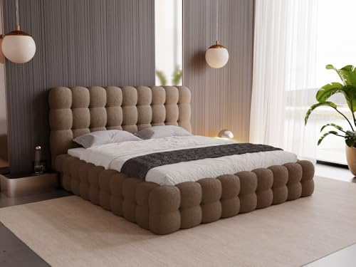 GRAINGOLD Twist Bett 160x200, Polsterbett mit Bettkasten, Polsterbett mit Stauraum, Bouclé-Stoff, mit Lattenrost, mit Kopfteil, ohne Matratze (Braun, 160x200)