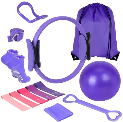 KBIBCK Pilates Ring Set, 13 Teiliges Pilates Ring Set mit Yoga Ball, Yoga Gurt, Yoga-Ring, Yoga-Widerstandsring, Yoga-Hilfsgürtel, Pilates KreisRing,Pilates Essentials Kit fürYoga, Pilates (Lila)