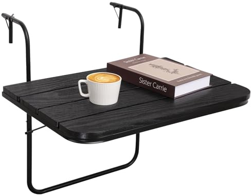 FEUFOAM Balcony Bar table for Railings Outdoor Folding Deck Rail Table Black Adjustable Height & Width Wood Folding Hanging Bar Serving Table with Metal Frame for Garden Porch Patio