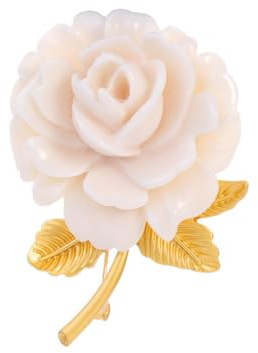 Broche Rose Blanche Coûteux Sculpté Artisanat Costume Accessoire, Or + Blanc