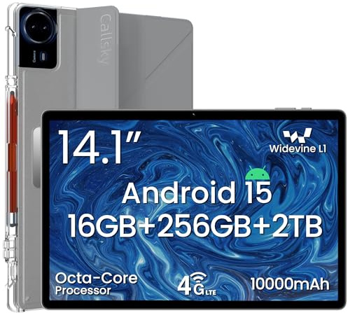 Callsky-Tech Tablet de 14 pulgadas, tableta Android 15, 16 GB de RAM + 256 GB de ROM, pantalla IPS FHD de 1920 x 1200, Widevine L1, batería de 10000 mAh, Bluetooth 5.0, funda con soporte multiángulo y