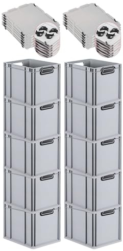 PROREGAL SparSet 10x Eurobox NextGen Color mit Auflagedeckel und Schiebeschnappverschlüsse, HxBxT 32x30x40cm, 30L, Grau, Griffe schwarz offen, Eurobehälter, Transportbox, Transportbehälter
