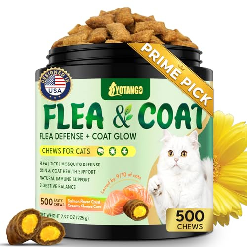 YOTANGO Flea and Tick Chews for Cats, Cat Flea Support, 500 Chews | Cat Flea Support Chewable with Brewer’s Yeast, Pumpkin Seed and Probiotics for Skin, Coat and Digestion; Salmon Flavour.