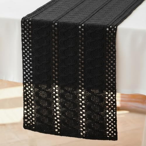 Brylleii Tischläufer Häkel Schwarz Boho Makramee Deko Tisch Läufer Modern 30x240 Frühling Baumwolle Tischdecke Leinen Landhausstil Abwaschbar Table Runner Schmal für Hochzeit Tischdeko