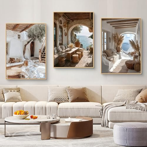 TROYSINC 3er Mediterrane Landschaft Poster Set, Aesthetic Buchtlandschaft Bilder, Weiße Steinhäuser Wandbilder Wanddeko für Wohnzimmer & Schlafzimmer, ohne Rahmen (50x70cm)