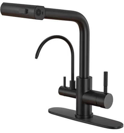 Fapully Ausziehbare Küchenarmaturen, mattschwarz, 3-Wege-Küchenspüle, Wasserhahn mit herausziehbarem Sprüher und Trinkwasserhahn, inklusive Deckplatte für 1 oder 3 Löcher
