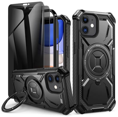 Lanhiem Coque pour iPhone 11 avec 2 Verre Trempé Anti-Espion | Antichoc Étui de Militaire Protection, Anneau Support Renforcée Armure Coque pour iPhone 11, Noir