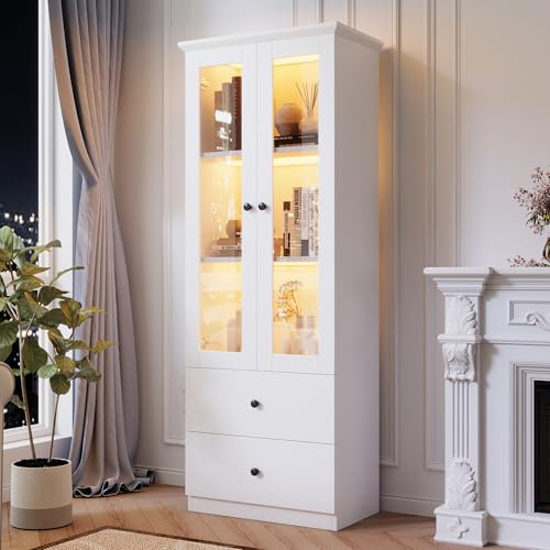 kozamas Vitrine en Verre Moderne 165 cm avec Éclairage LED 16 Couleurs, Bibliothèque de Rangement avec Portes Vitrées, 2 Tiroirs et Étagères Réglables - Blanc pour Salon, Bureau et Chambre