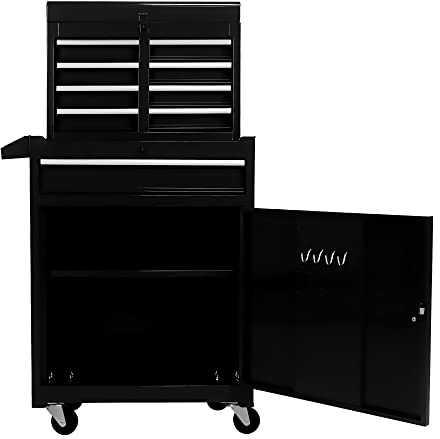 Boîte à Outils Métallique avec 5 Tiroirs, Rangement Mobile avec Roues et Étagères Ajustables, Capacité de 100 kg, Garage, Atelier, Noir, 58.5x28x102 cm