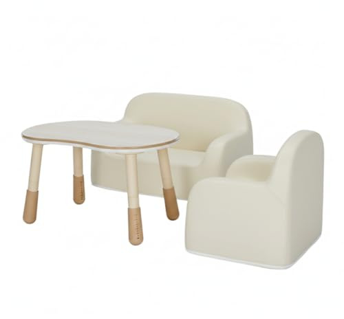 Spacetronik Kindersitzgruppe – Höhenverstellbarer Kindertisch mit Kindersofa und Kindersessel Set – Kinder Tisch Stuhl Set – Sicheres ohne Kanten – Braun/Vanille