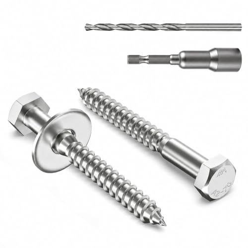 Zynthor M8 x 50mm Coach Screws, Heavy Duty Lag Bolts, 10Pcs | 304 Stainless Steel Hex Head Wood Screws with Washers, Magnetic Hex Socket and Drill Bit for Timber, Decking and Fencing