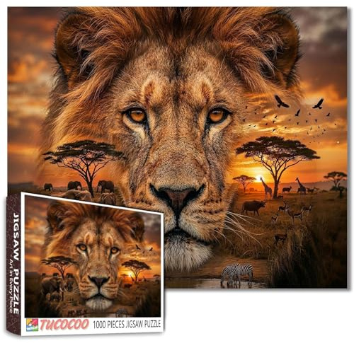 African Lion Puzzle Wildlife Jigsaw Elephants Zebras Giraffes Birds Flying Savanna Sunset 1000 Pieces Puzzles for Adults Beginner Challenging Family Activity Games DIY Crafts for Home Decor Gifts