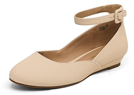 DREAM PAIRS Women's Ballet Flats Pumps Ballerina Ankle Strap Elastic Low Wedge Sandals Round Toe Comfy Dolly Shoes,Size 7,Nude/Nubuck,REVONA
