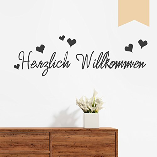 WANDKINGS Wandtattoo - Herzlich Willkommen (mit 6 Herzen) - 120 x 36 cm - Beige - Wähle aus 5 Größen & 35 Farben