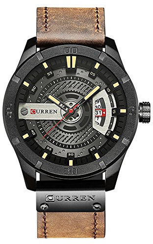Curren Herren-Armbanduhr mit Quarz-Analog, Militär, Sport, schwarzes Lederband, 8301, Schwarz / Braun, Militär