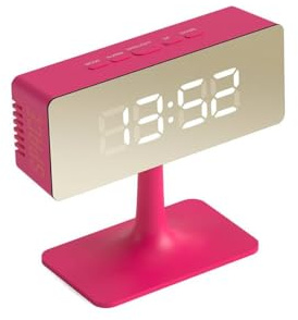 SPACE HOTEL® Cinemascape Digital Alarm Clock with LED Display, 12/24Hr, Room Temperature, Night Mode, Brightness Dimmer, Mirror Surface, USB Powered & Battery Backup (Pink/Gold)