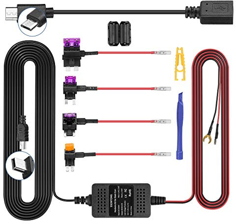 Dash Cam Hardwire Kit, Hard Wire Kit for Dash Camera with Mini/Micro Port, 13ft Car Camera Charge Power Cord Kit 12V- 24V to 5V,Power Adapter with LP/Mini/ATO/Micro2 Fuse for Dashcam GPS etc