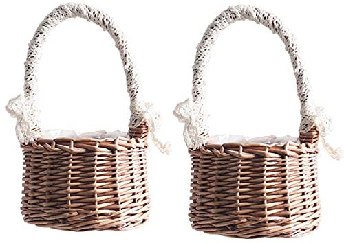 Cabilock 2 Stücke Geflochtener Blumenkorb Rattankorb Obstkorb Holz Blumentopf Rattan Korb Wicker Basket Blumenmädchen Körbchen für Blumenarrangement Hochzeit Tischdeko Shabby Chic Landhausstil Deko