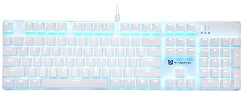 Qisan Tastiera meccanica da gioco cablata blu retroilluminata tastiera marrone interruttori full size 104 tasti layout US bianco