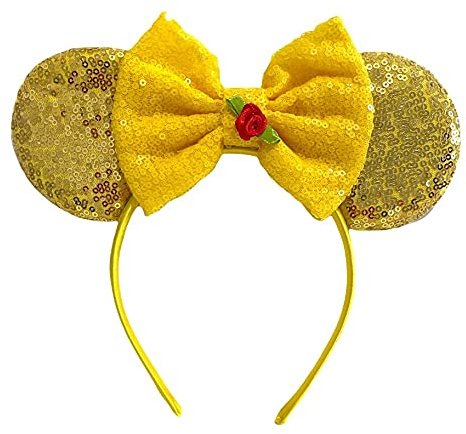 Yellow Sequin Minnie Mouse Inspired Belle Alice Headband With Big 5 Sequin Top Bow & Rose Handmade